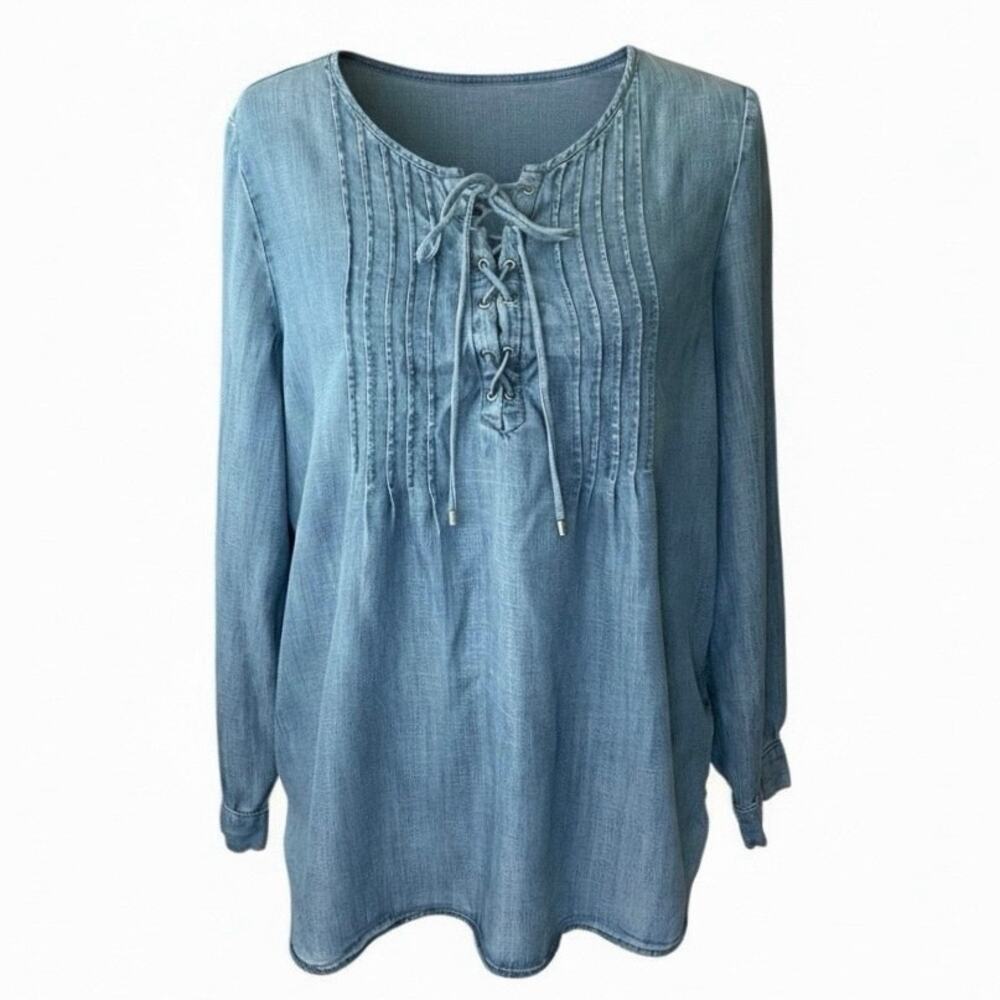 Talbots Blue Chambray Large Lace-Front Pintuck Pleat Long Sleeve Tencel Top